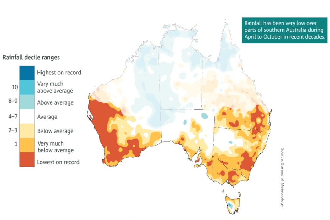 This map from the Australian Bureau of Meteorology shows the drying trend in southern Australia.