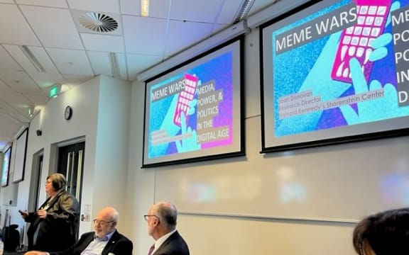 Dr Joan Donovan speaking to media executives and editors at Koi Tū's workshop on 'disinformation and media manipulation’ at the University of Auckland last Wednesday.