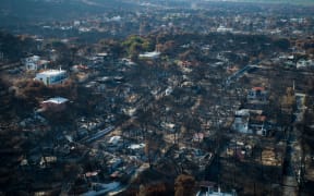 Mati, Athens - July 26, 2018: Aerial view shows a burnt area following a wildfire in the village of Mati, near Athens.