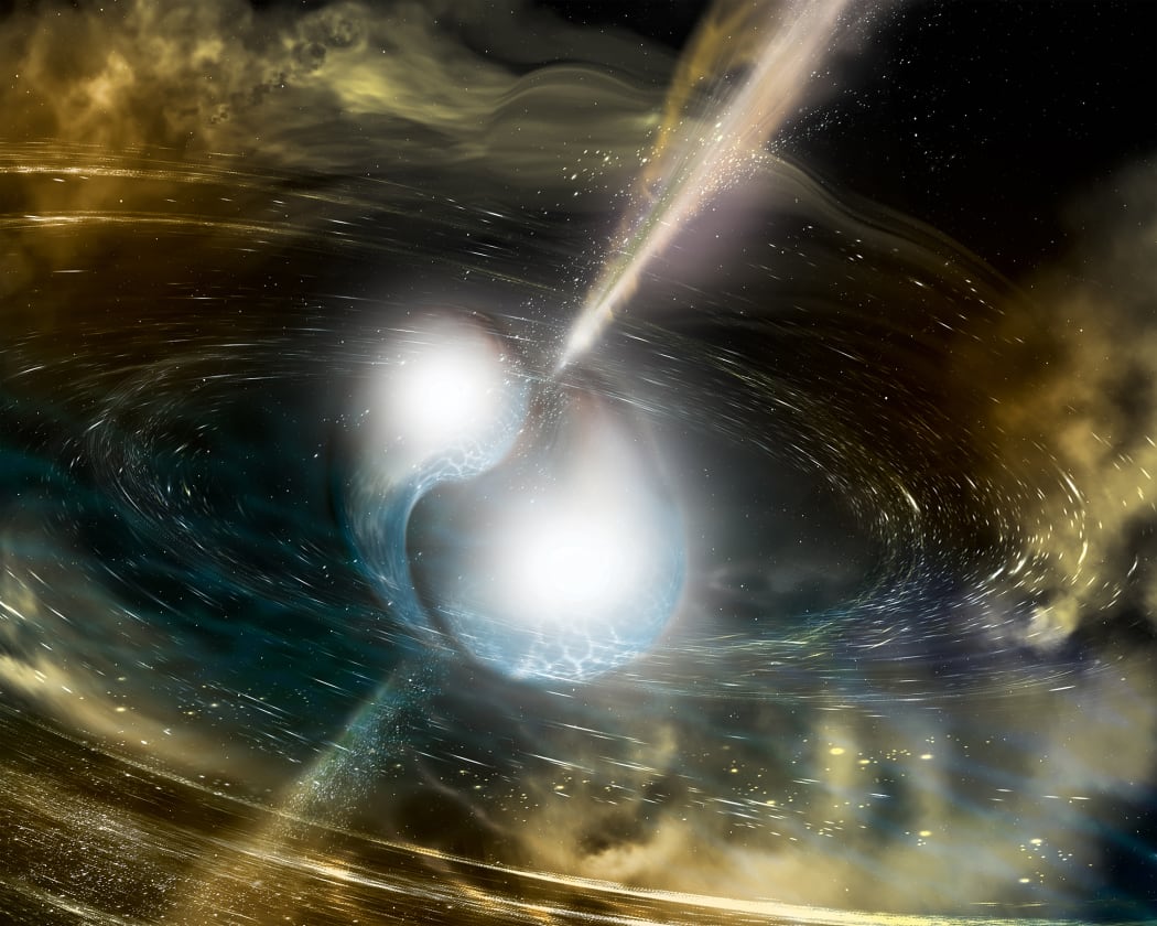 An artist's illustration of two merging neutron stars. The narrow beams represent the gamma-ray burst while the rippling space-time grid indicates the isotropic gravitational waves that characterise the merger.