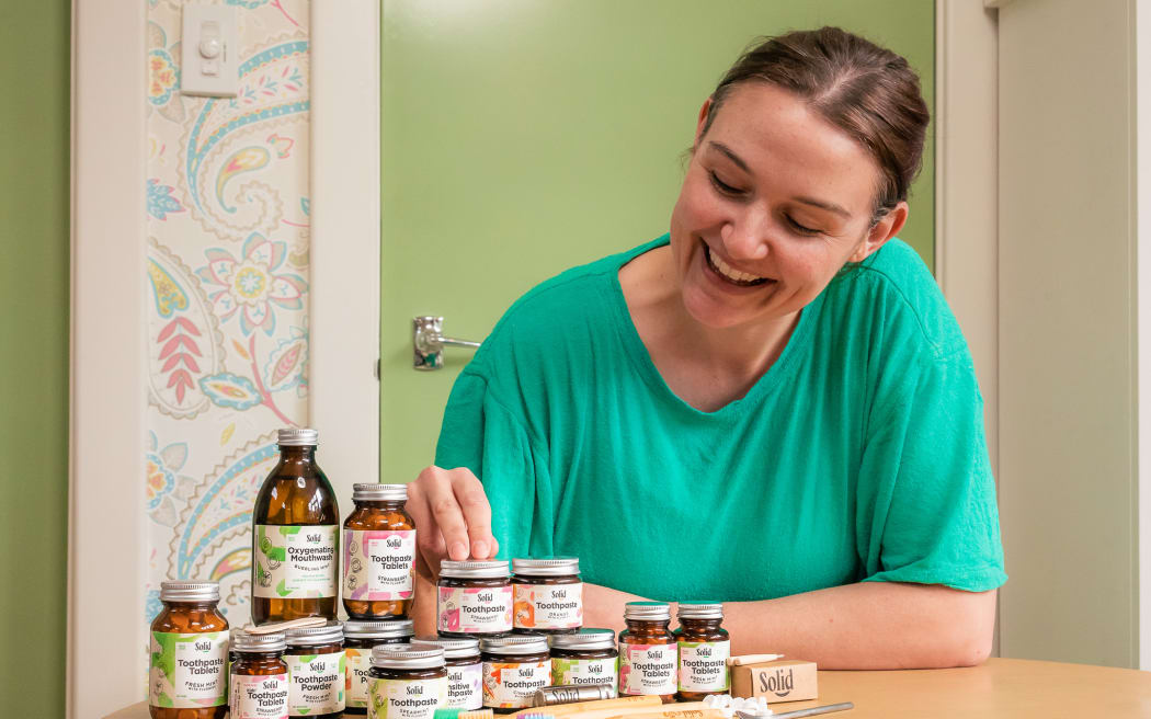 Titahi Bay's Laura Nixon is pictured with products made by her oral healthcare company Solid. 26 January 2023.
