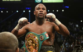 Floyd Mayweather, Jr. celebrates after winning the WBC welterweight title bout in Las Vegas.