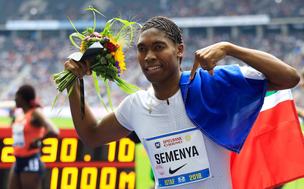 Caster Semenya celebrates after finishing first in Women's 1000m at the ISTAF 2018 athletics meeting at Olympiastadion on September 2, 2018 in Berlin, Germany.