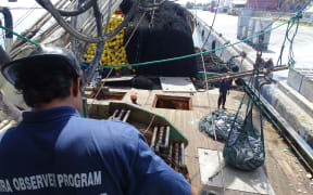 A Marshall Islands Marine Resources Authority fisheries observer monitors tuna being off-loaded from a purse seiner in port Majuro, now said to be the busiest tuna transshipment port in the world